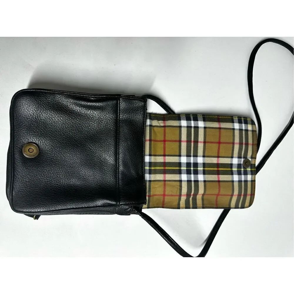 Unisex Faux Leather Black Crossbody Bag with Card Slots Plaid Lined - Picture 3 of 14